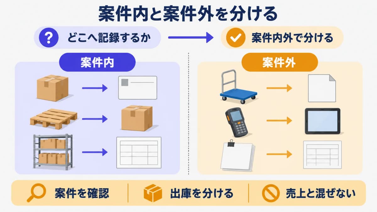 案件内と案件外を分ける在庫カードと矢印