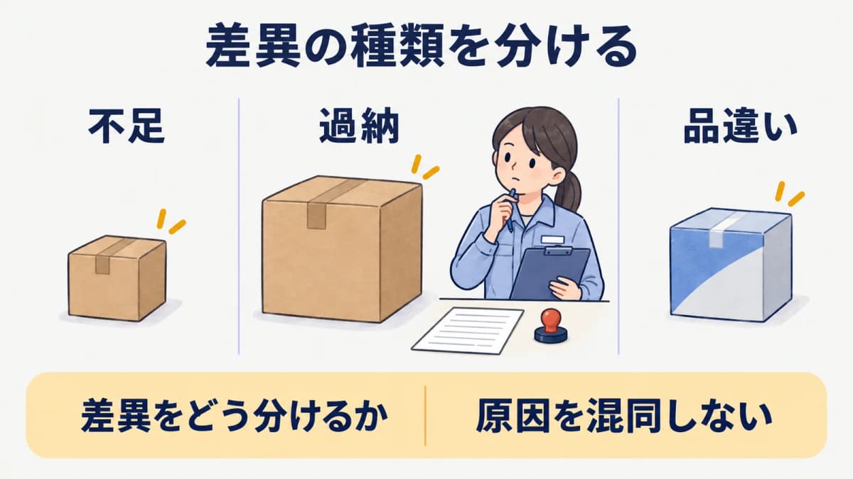 不足と過納と品違いを分けて対応先を確認する入荷差異の図