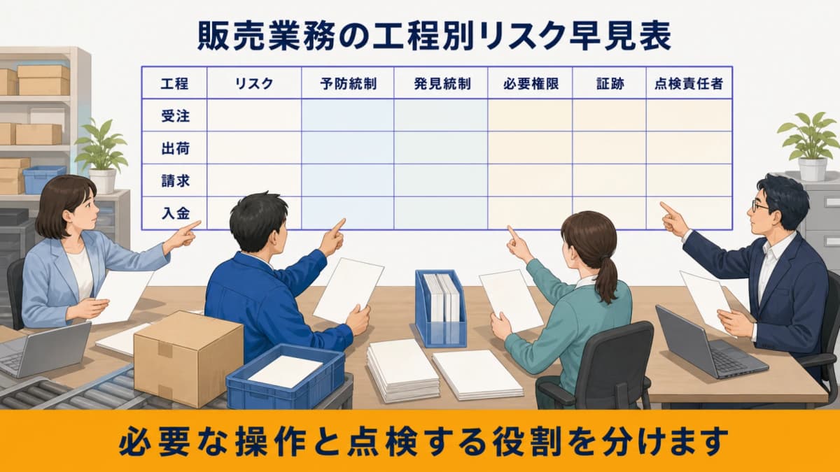 受注・出荷・請求・入金のリスクと予防・発見統制、証跡、責任者を整理した図