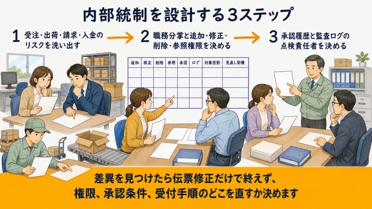 工程別リスクの抽出・職務と権限の分離・承認ログ点検を示す3ステップ