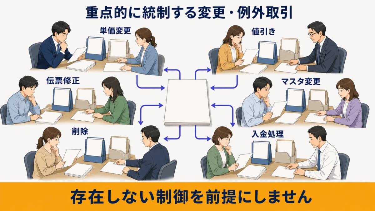 単価変更・値引き・伝票修正・マスタ変更・入金処理を重点統制する図