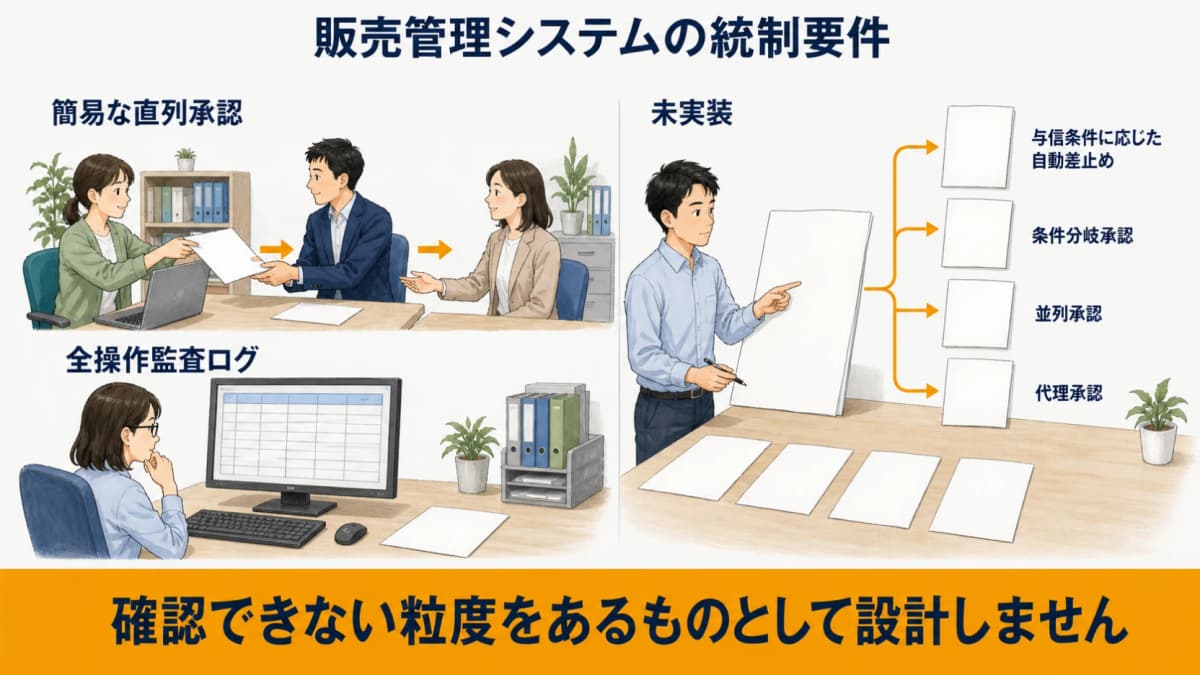 権限・直列承認・全操作監査ログと未実装の複雑承認を区別する図