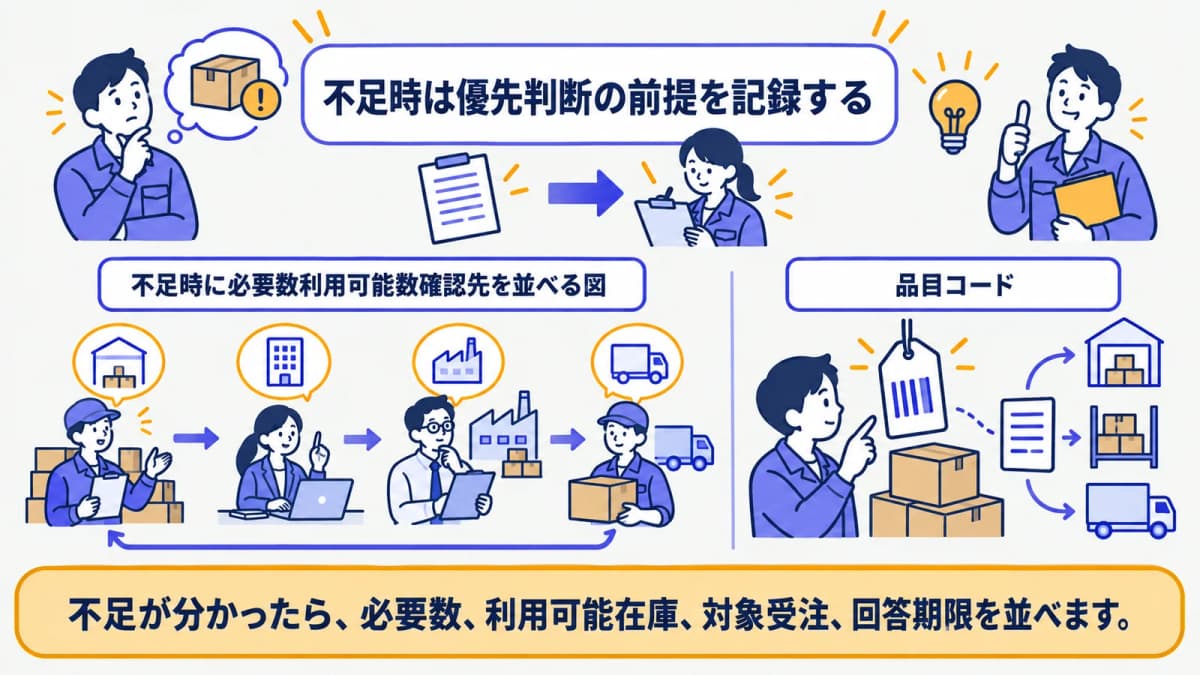 不足時に必要数利用可能数確認先を並べる図