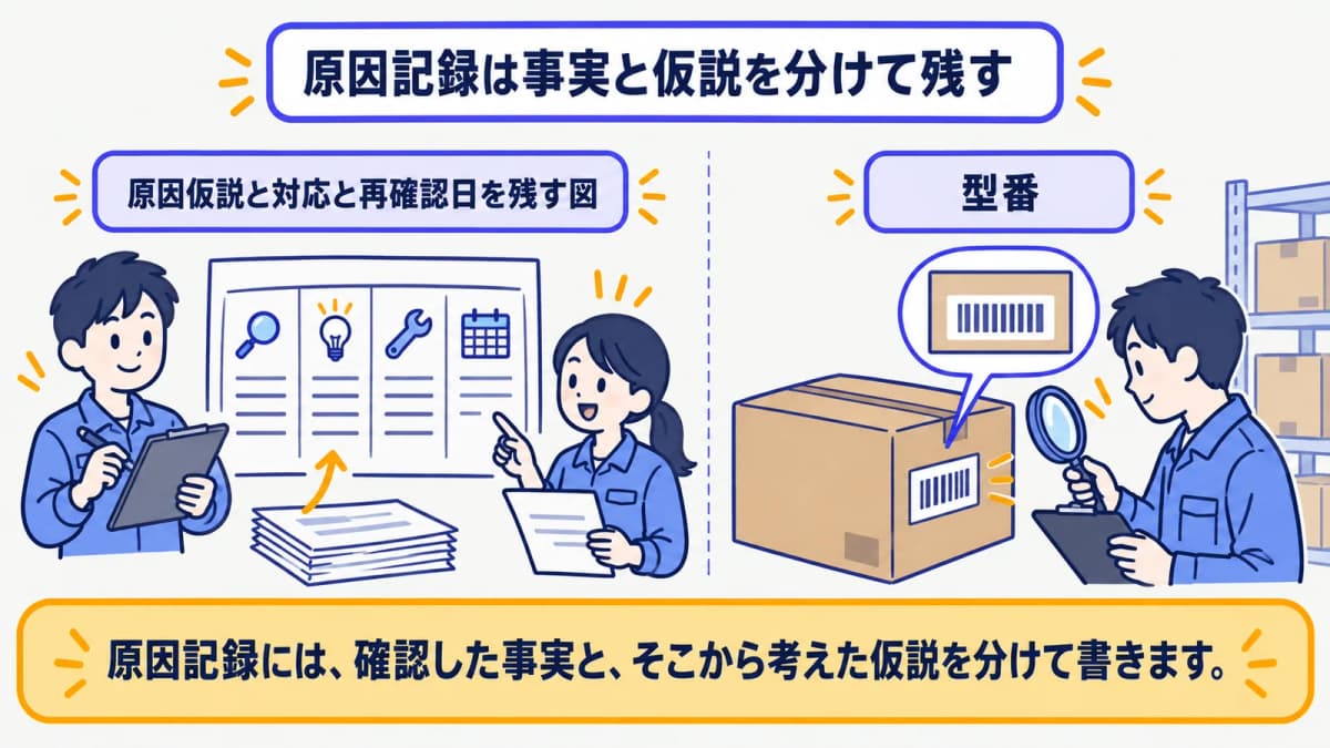 原因仮説と対応と再確認日を残す図