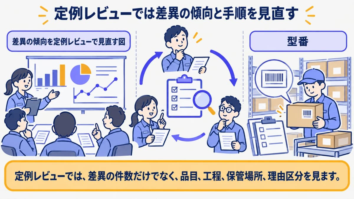 差異の傾向を定例レビューで見直す図