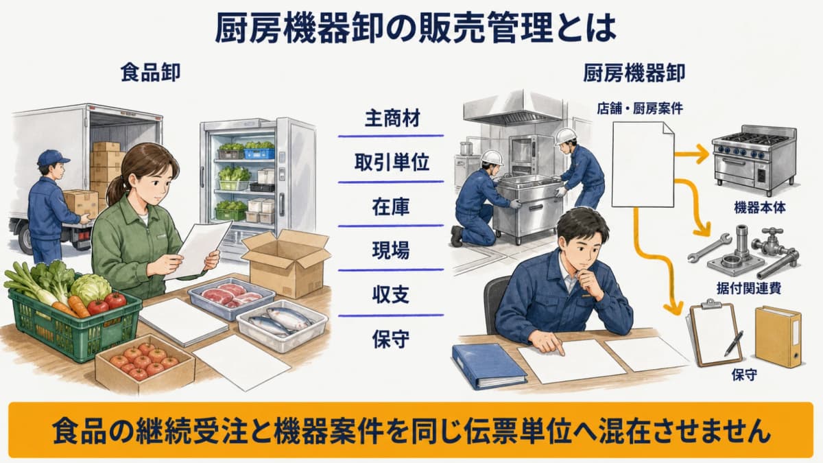 店舗・厨房案件に機器本体・据付関連費・保守を結び付ける販売管理の全体図