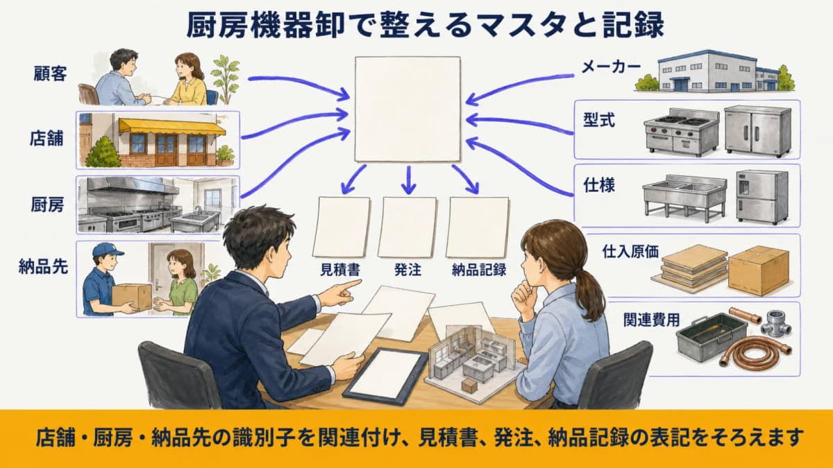 顧客・店舗・厨房・納品先と機器仕様・仕入原価・関連費用を分ける図