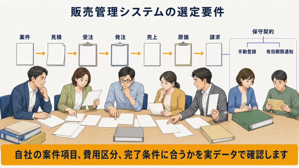 案件・見積・受注・発注・原価・収支と保守契約通知の対応範囲を確認する図