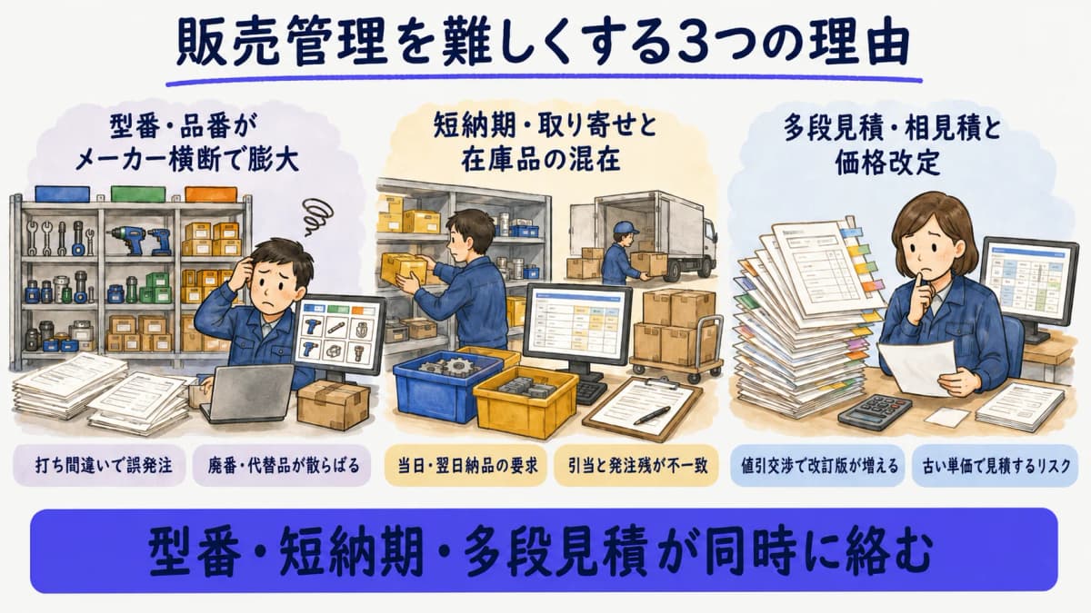 機械・工具商社の販売管理を難しくする型番・短納期・多段見積の3要因を示した図解