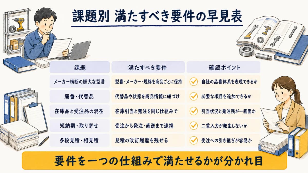 機械・工具商社が販売管理システムに求める要件を課題別に整理した早見表のイメージ