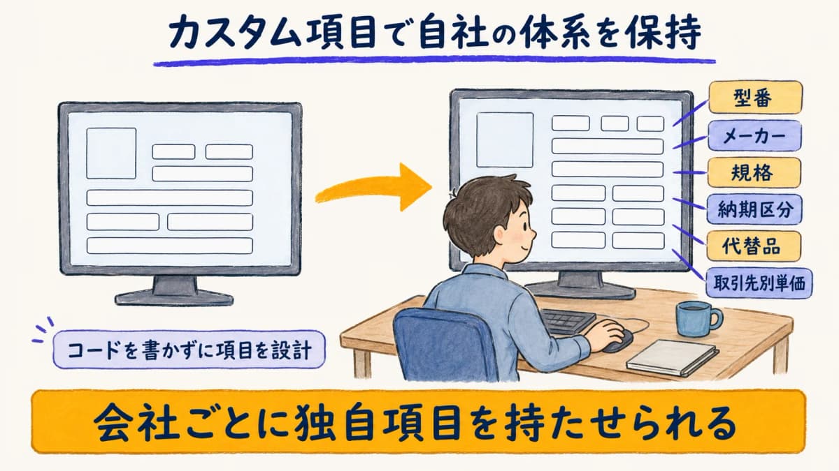 型番・メーカー・規格・納期区分・代替品をカスタム項目として商品に追加する設定イメージ