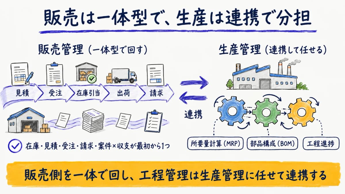 販売側を一体型で回し生産管理と連携して分担する全体像