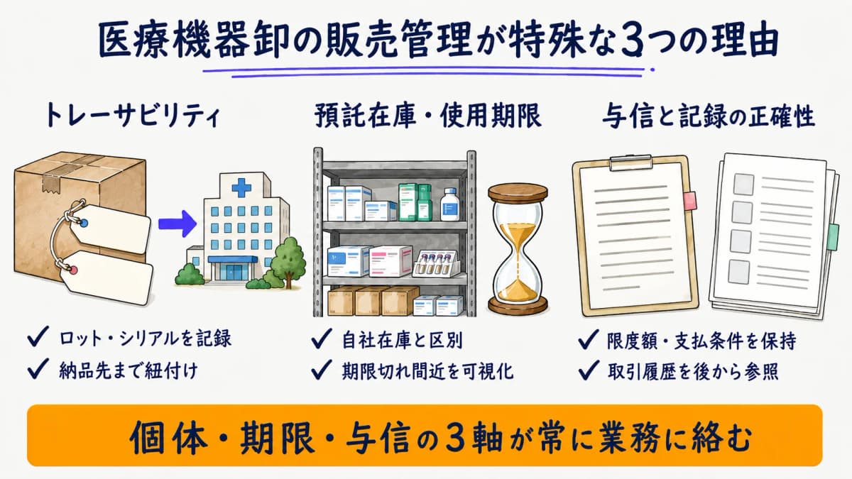 医療機器卸の販売管理を特殊にする3要素を示した図解