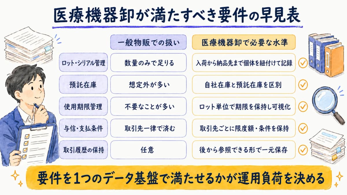 医療機器卸が満たすべき販売管理要件の早見表イメージ