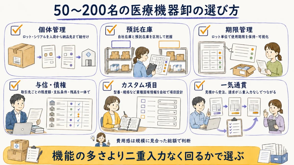 50〜200名規模の医療機器卸が確認すべき選定ポイントの図解