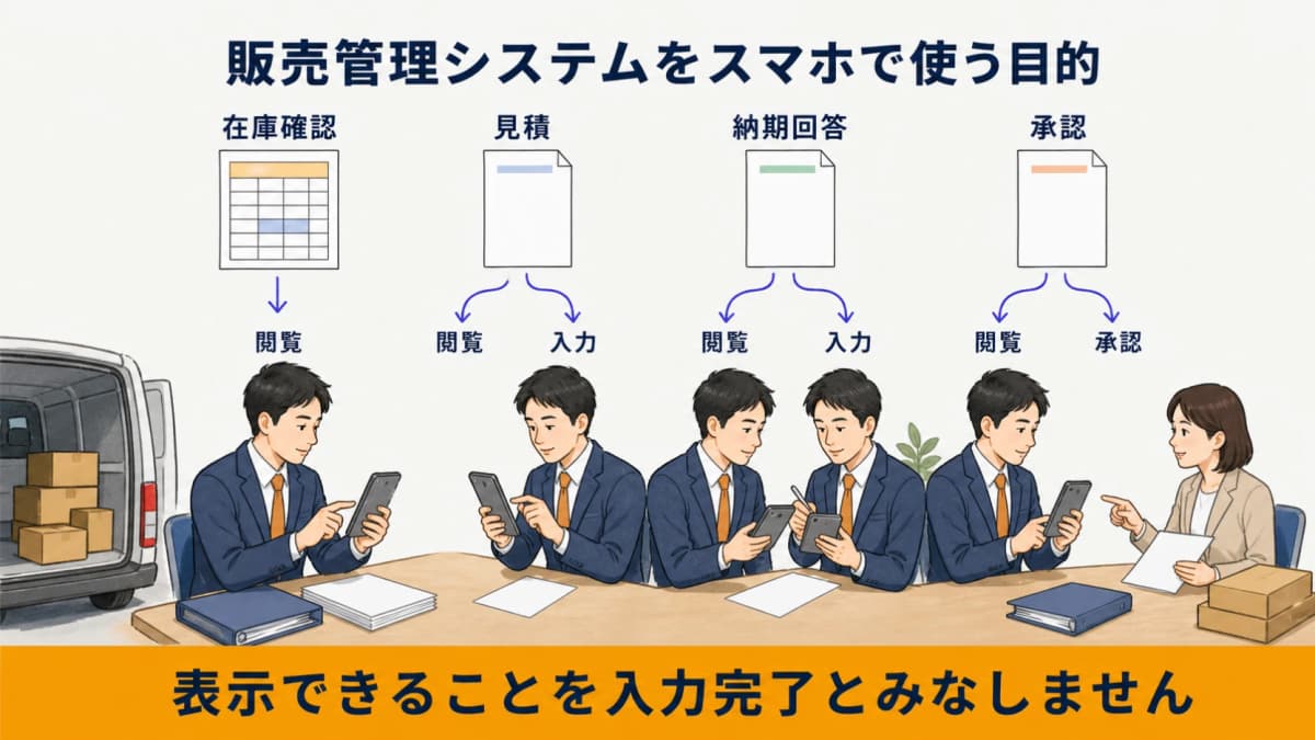 外出先の在庫確認・見積・納期回答・承認を閲覧・入力・承認に分ける全体図