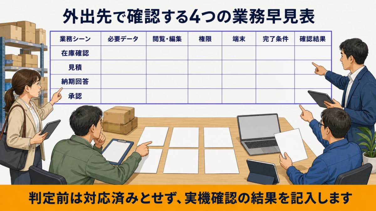 在庫確認・見積・納期回答・承認を端末と権限ごとに確認する図