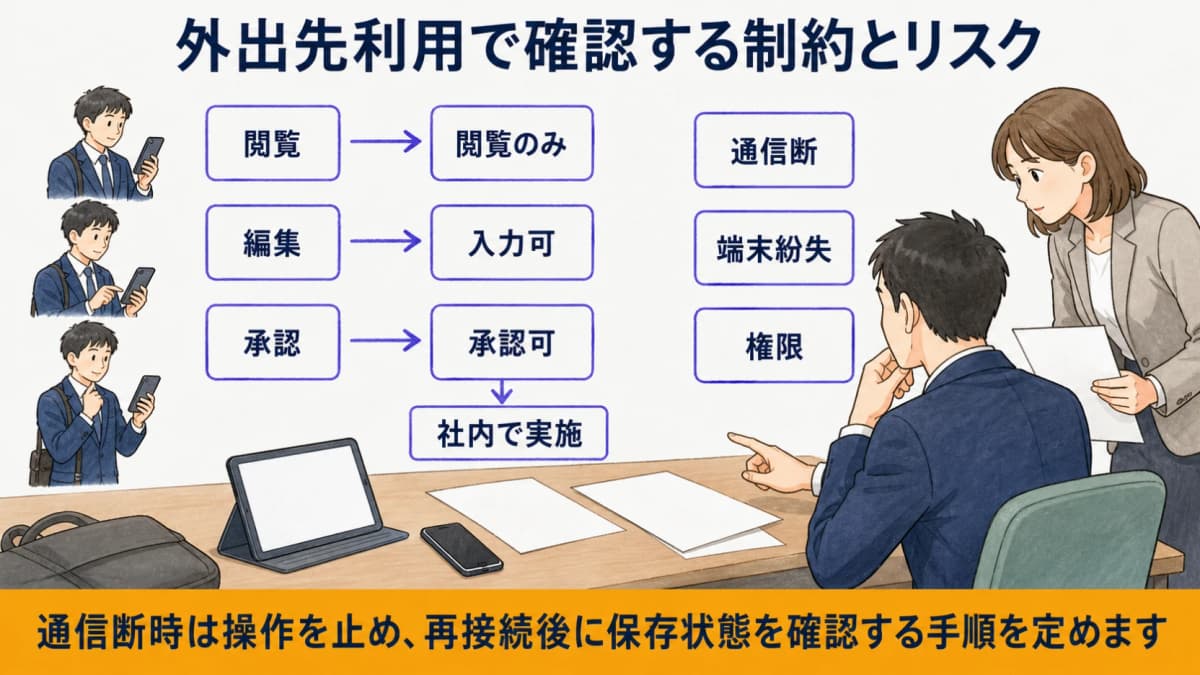 閲覧と編集、通信断、端末紛失、権限の制約を整理する図