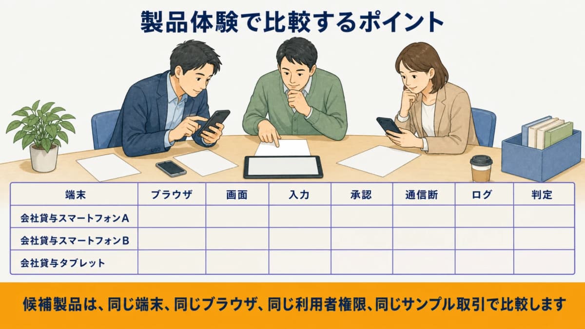 端末・ブラウザ・画面・入力・承認・通信断・ログを同条件で比較する図