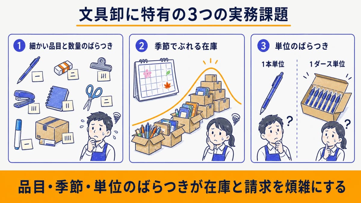 文具卸に特有の3つの実務課題を並べた比較図解