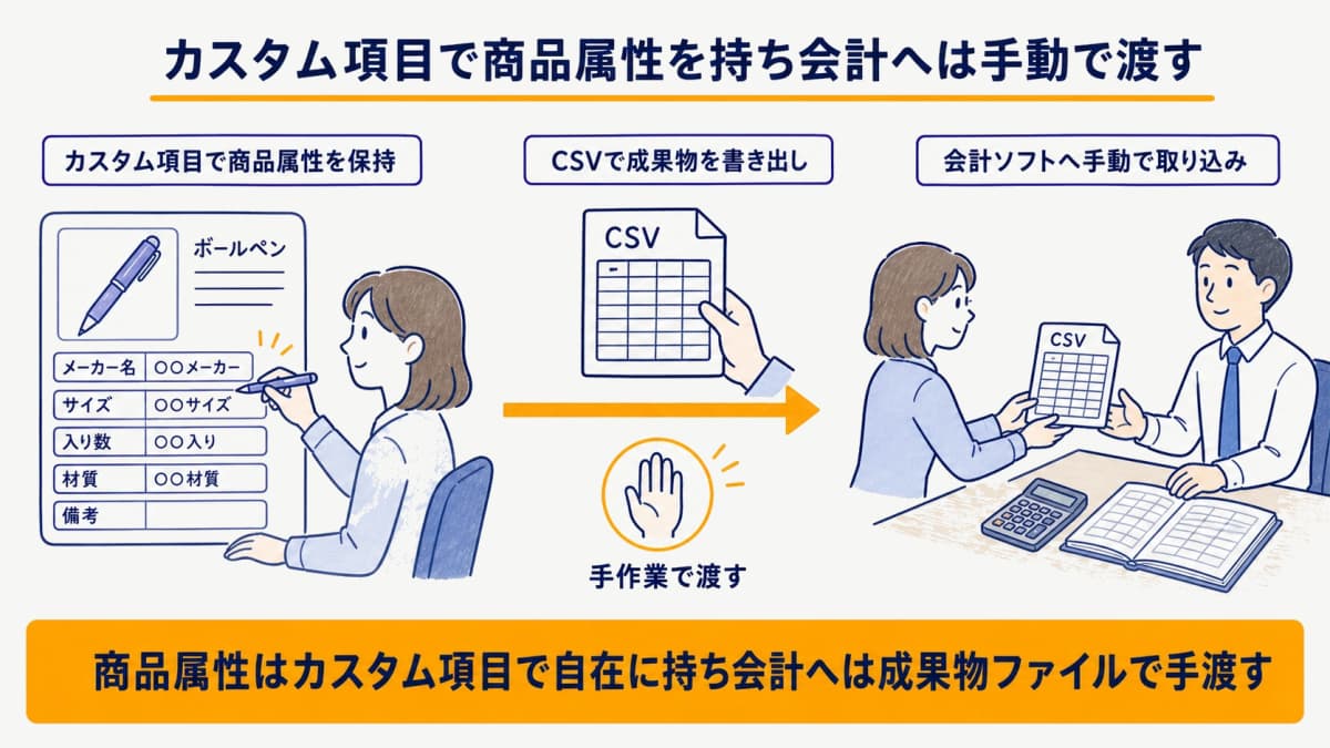 カスタム項目でSKU属性を保持しCSVで会計へ渡す運用の構成図
