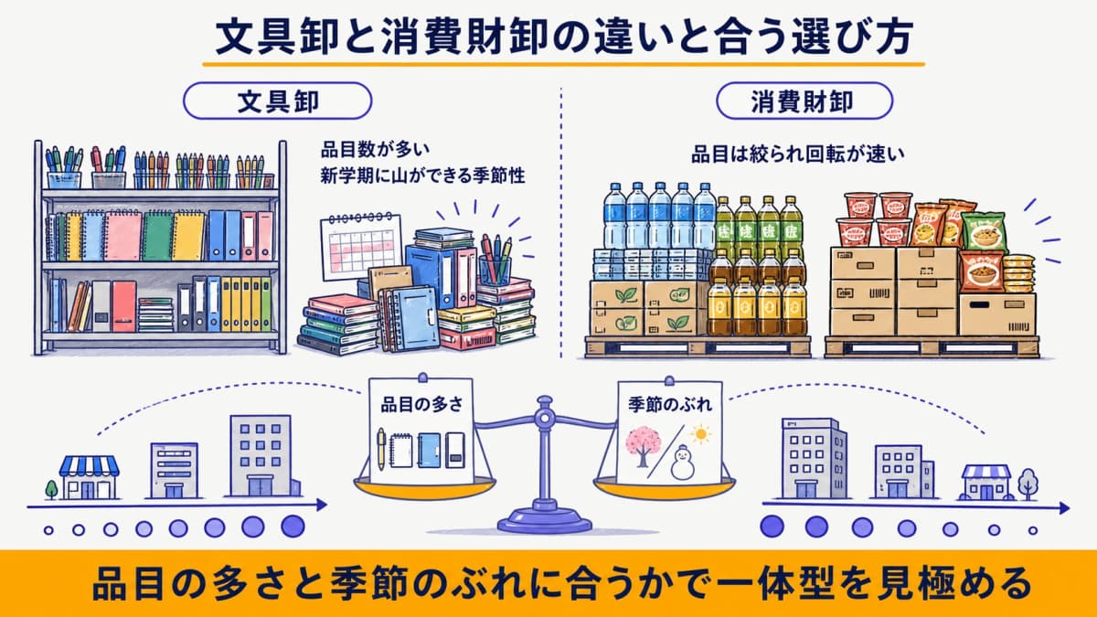 SKU規模と季節性で文具卸と消費財卸の適合を仕分ける早見表イメージ