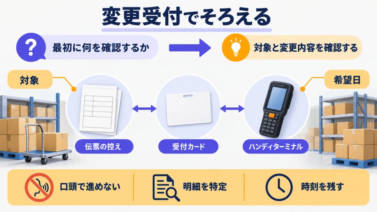 変更受付の伝票とハンディターミナルを確認する担当者