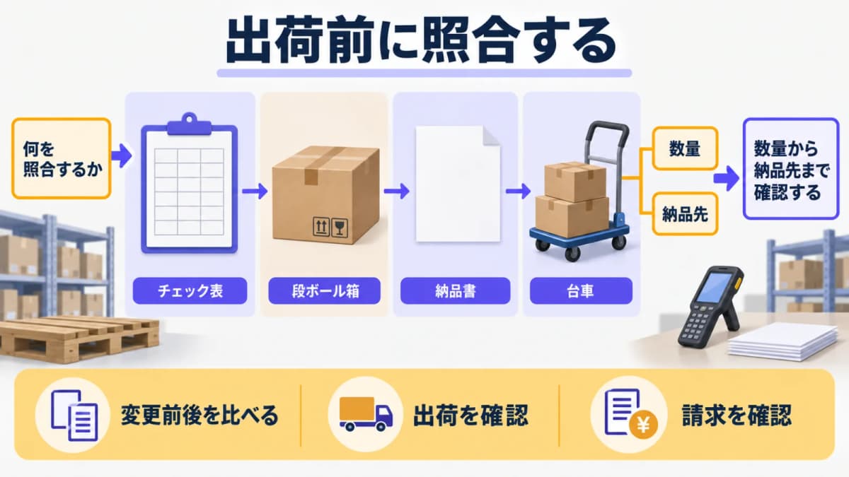 数量と納品先を確認するチェック表と段ボール箱