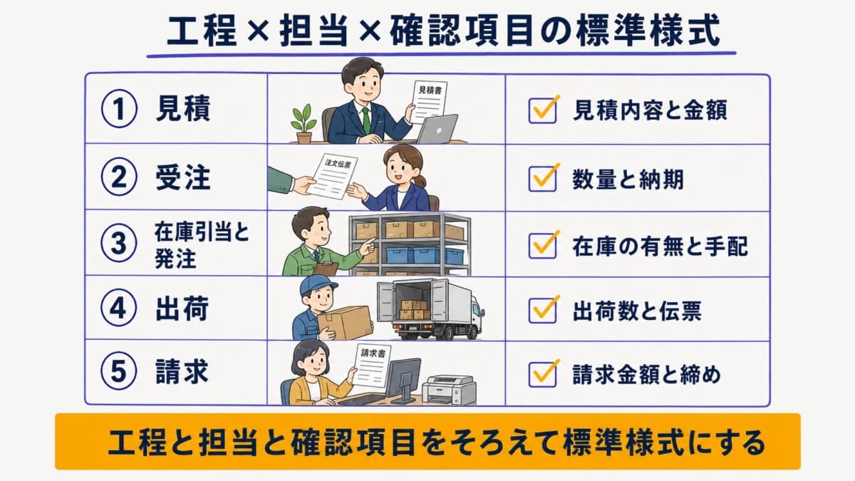 受発注業務フローの工程・担当・確認項目を並べた標準様式の早見表