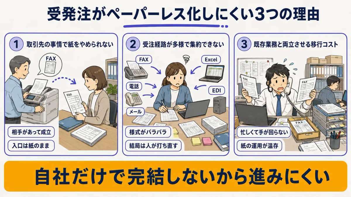 受発注がペーパーレス化しにくい3つの理由を示した図解