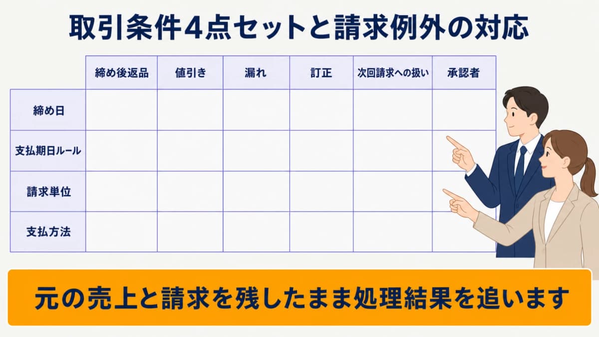 部門別請求と締め後の返品・値引き・漏れを整理する請求例外図