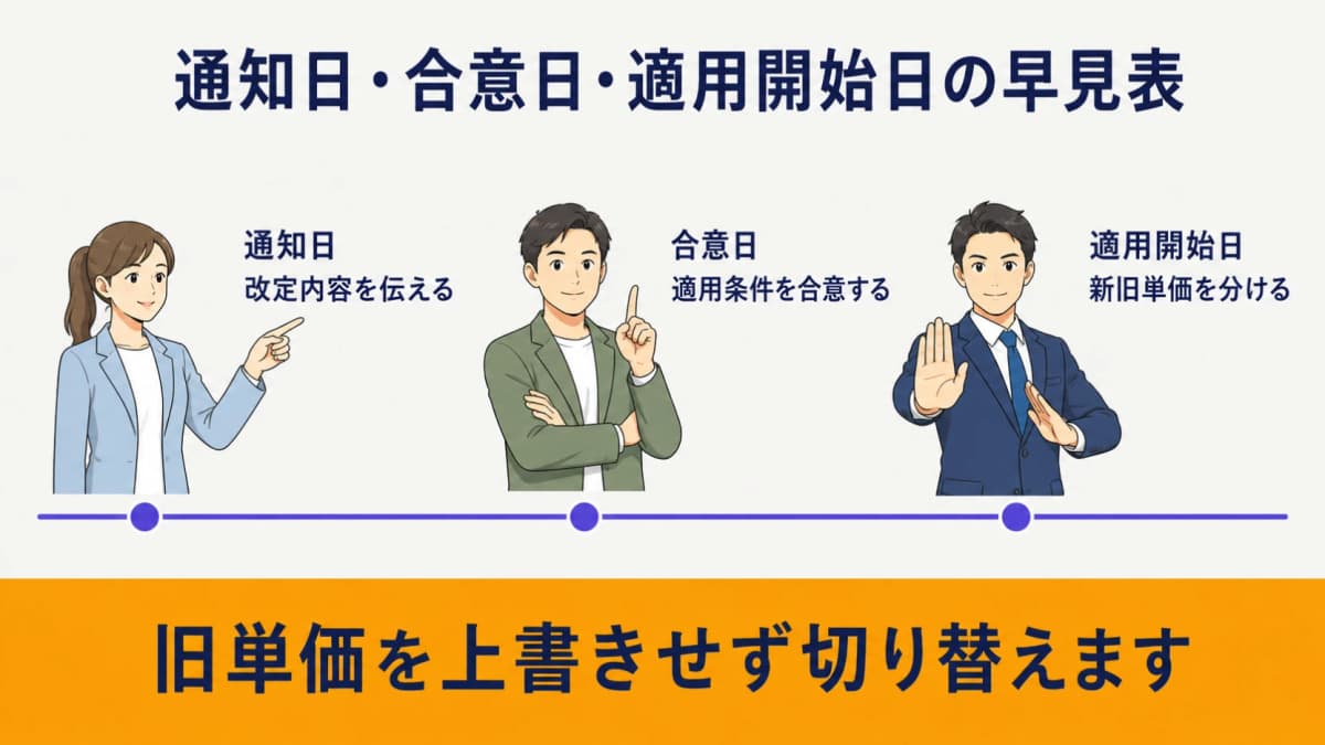 通知日・合意日・適用開始日と改定対象を整理する価格改定の全体図