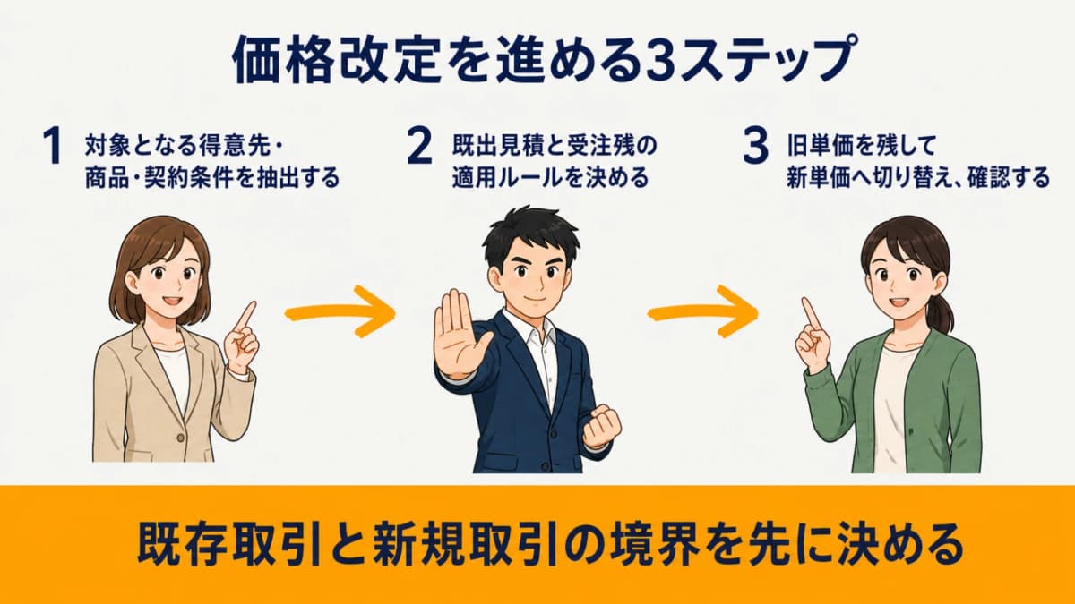 対象抽出・例外ルール・新旧単価の切替確認を示す3ステップ
