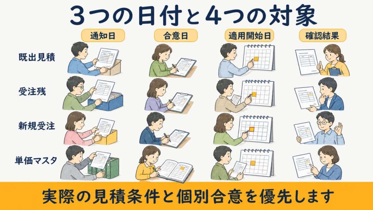 3つの日付と既出見積・受注残・新規受注・単価マスタを交差させる改定判定表