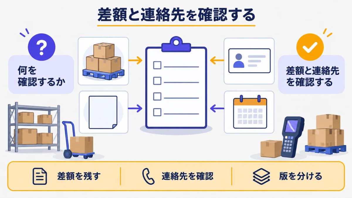 暫定額と差額と連絡先を並べたチェック表