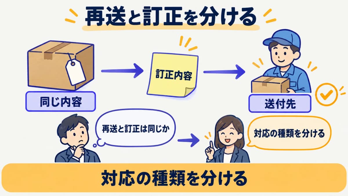 同じ内容の再送と品目数量納期の変更を分ける発注書の図