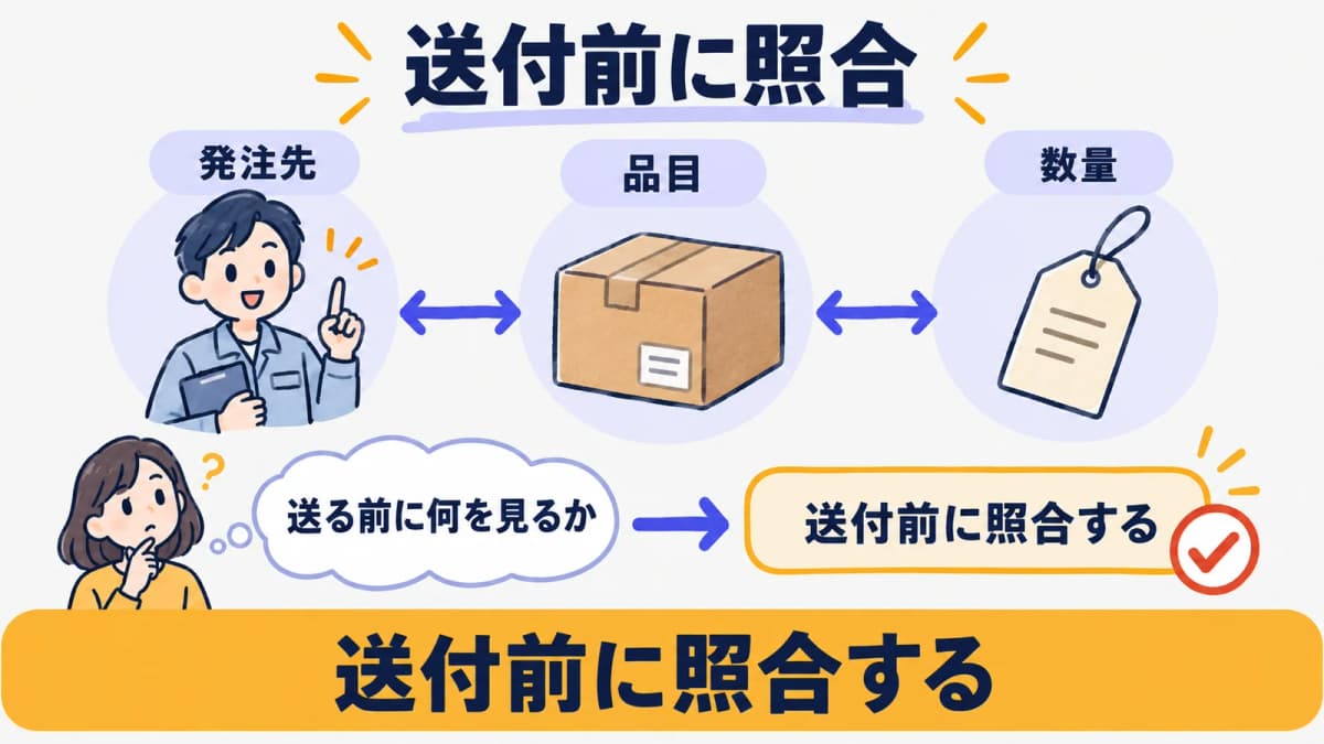 発注書の再送時に仕入先へ伝える理由と版と送付先をそろえる図