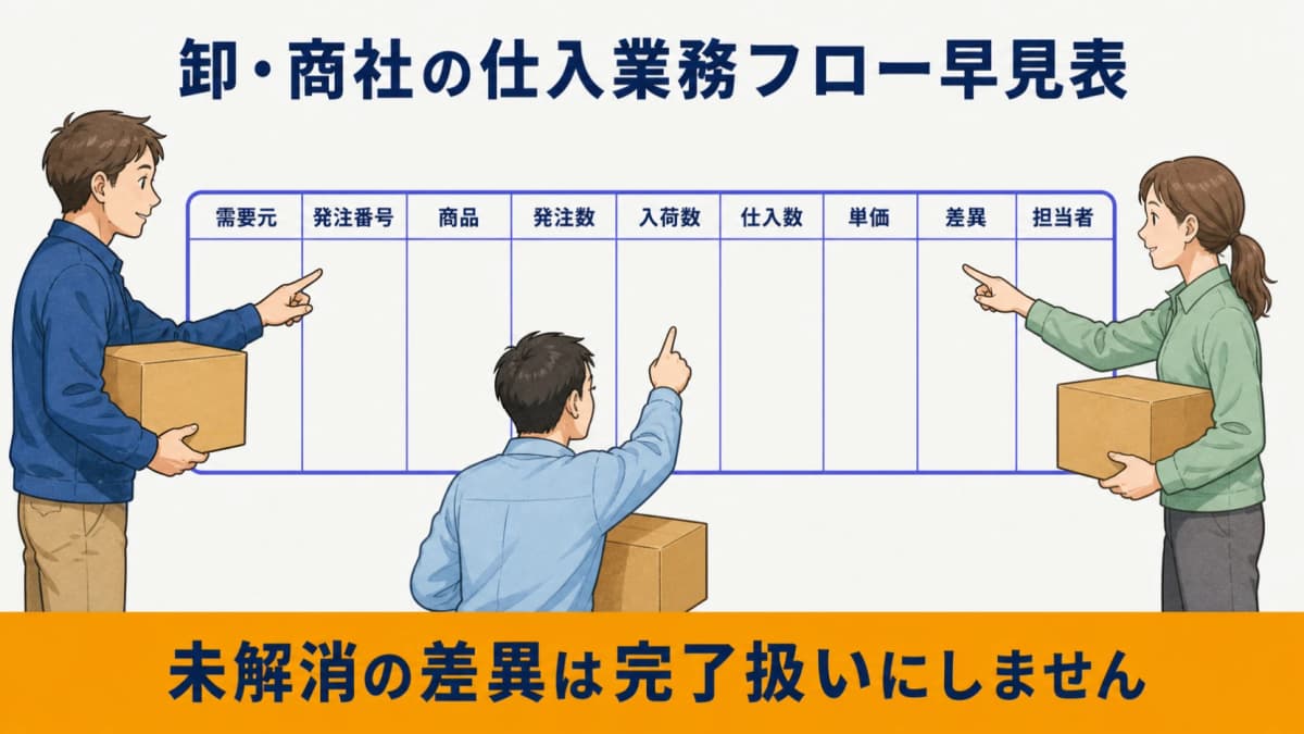 需要元・発注・入荷・仕入記録を照合する卸・商社の仕入フロー図