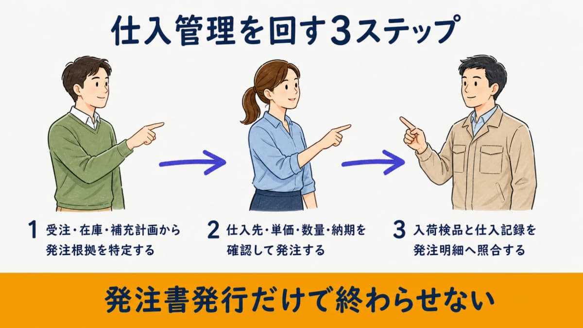 発注根拠の特定から条件確認と入荷・仕入照合までを示す3ステップ