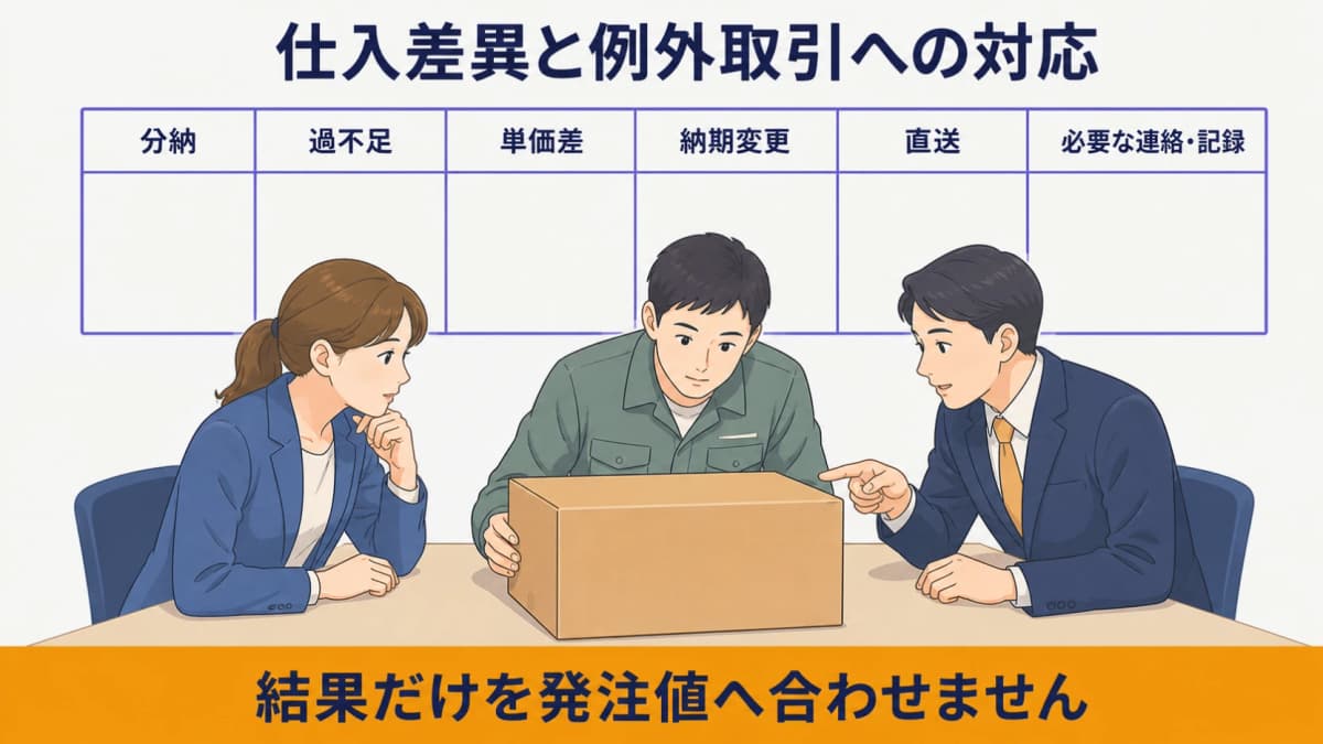 数量・単価・納期の差異と分納・直送を整理する仕入例外図