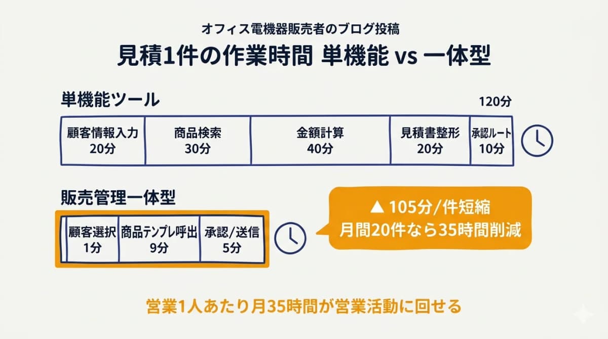 見積作成時間2時間→15分への効率化インパクト図(単機能 vs 一体型)