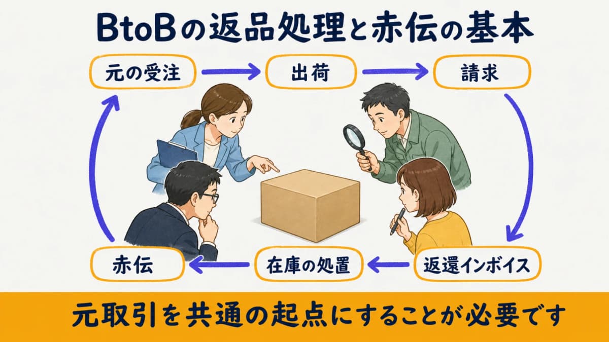 元の受注・出荷・請求から赤伝・在庫処置・返還インボイスへつなぐ返品処理の全体図