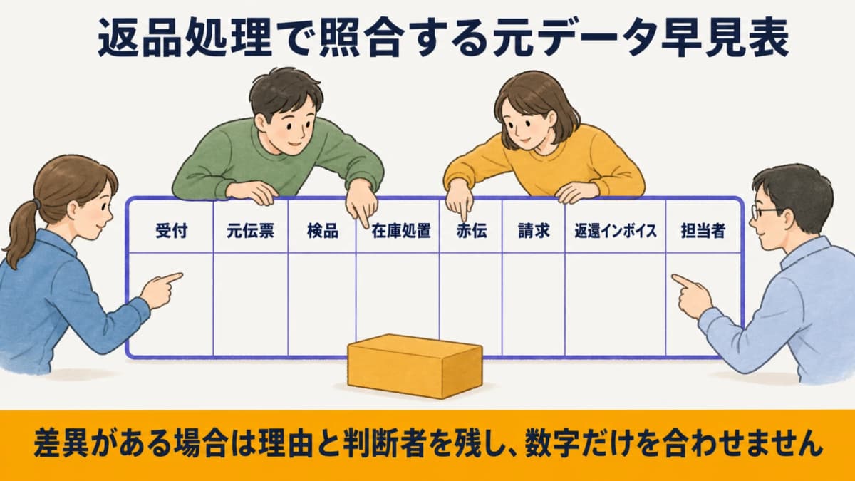 返品受付から元伝票・検品・在庫処置・赤伝・請求を照合する図