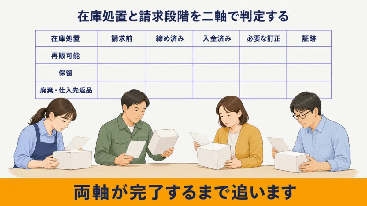 在庫処置と請求前・締め済み・入金済みを二軸で判定する返品管理図