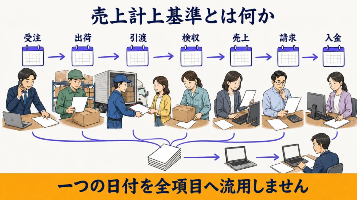 受注・出荷・引渡・検収・売上・請求・入金の日付を区別する全体図