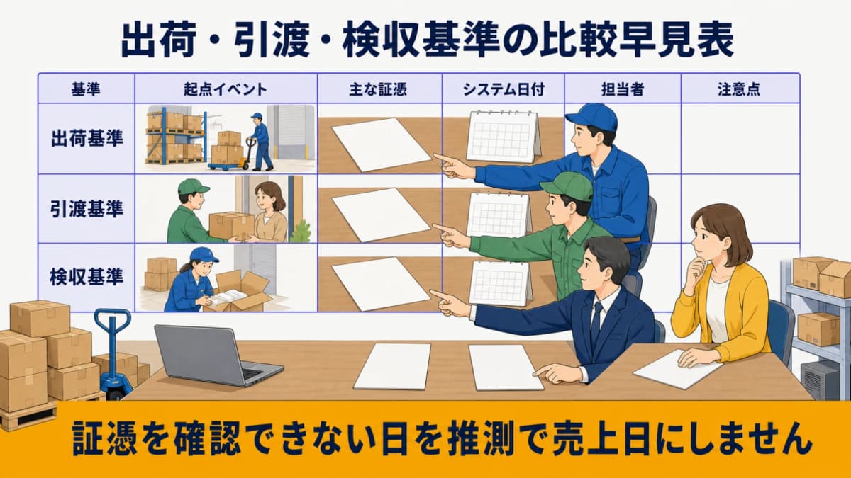 出荷・引渡・検収を起点イベント・証憑・日付・担当者で比較する図
