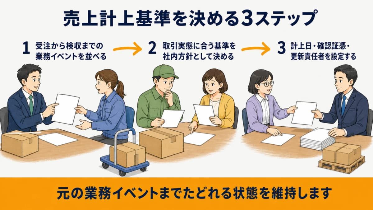 取引工程の可視化・基準の決定・日付と証憑の設定を示す3ステップ