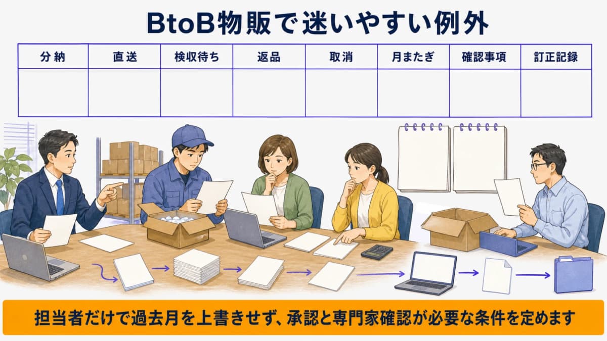 分納・直送・検収待ち・返品・取消・月またぎの判定ポイント