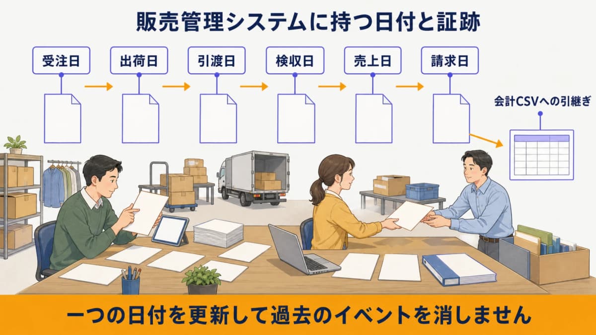 受注・出荷・検収・売上・請求の日付と証跡を販売管理で結ぶ図