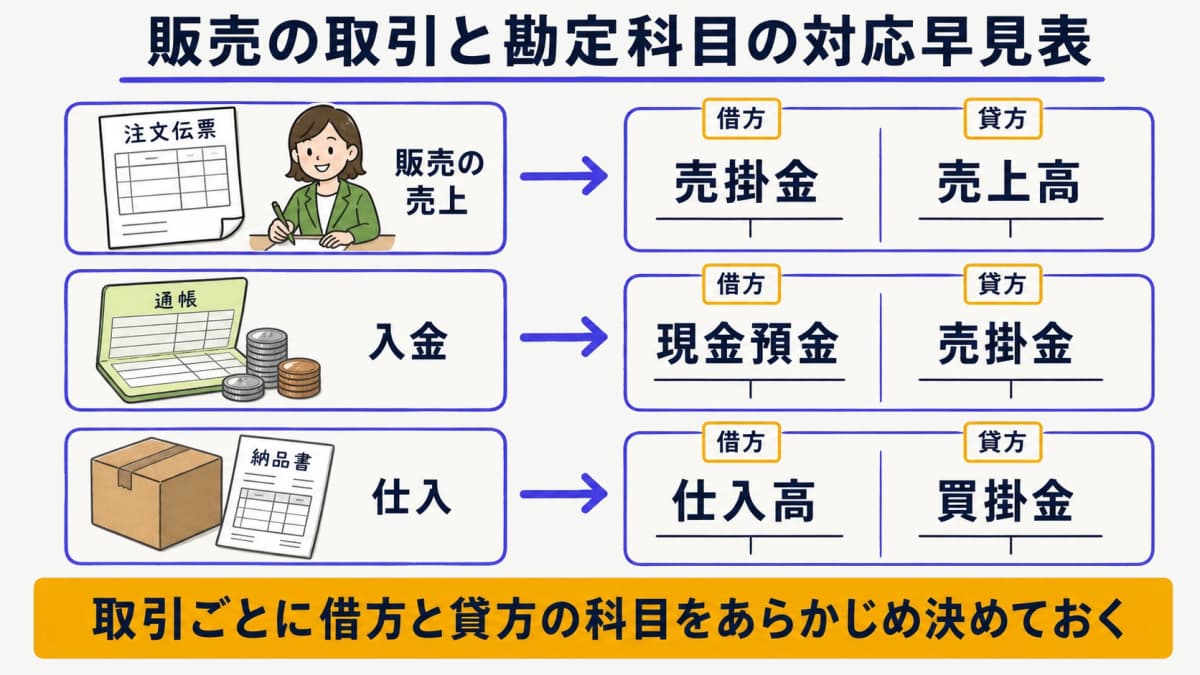 売上・入金・仕入の勘定科目マッピング早見表の図解